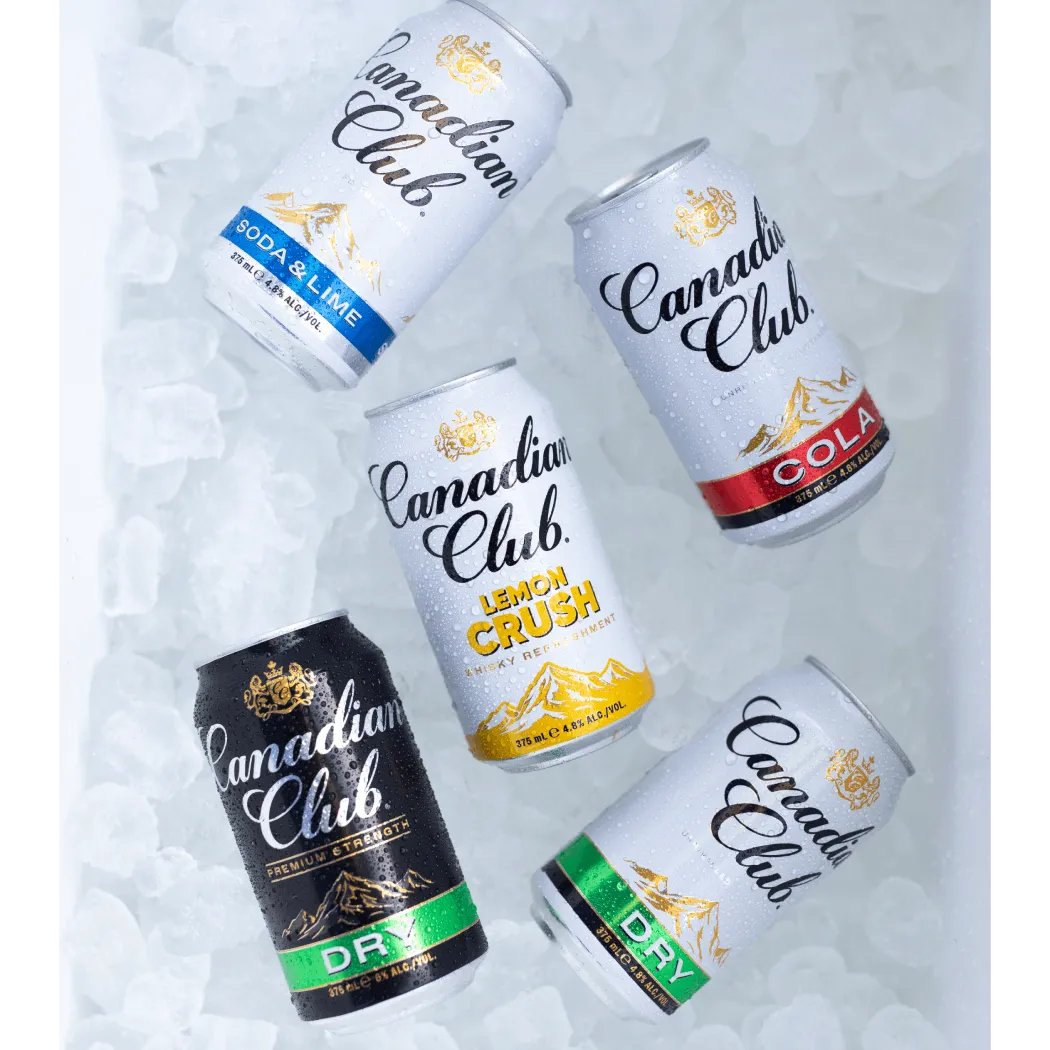 Five cans of Canadian Club beverages—Soda & Lime, Lemon Crush, Cola, and two varieties of Dry—chilled on ice.