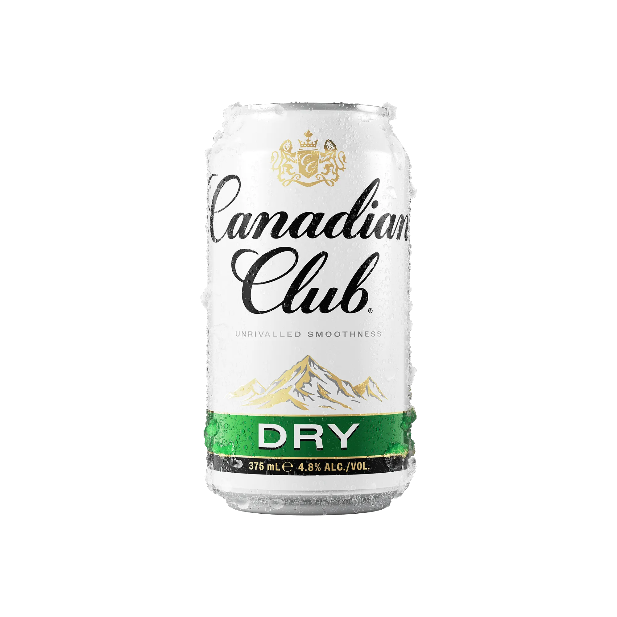 A chilled can of Canadian Club Dry, featuring a white and green design with mountains, showcasing its "unrivalled smoothness" and 4.8% ABV.